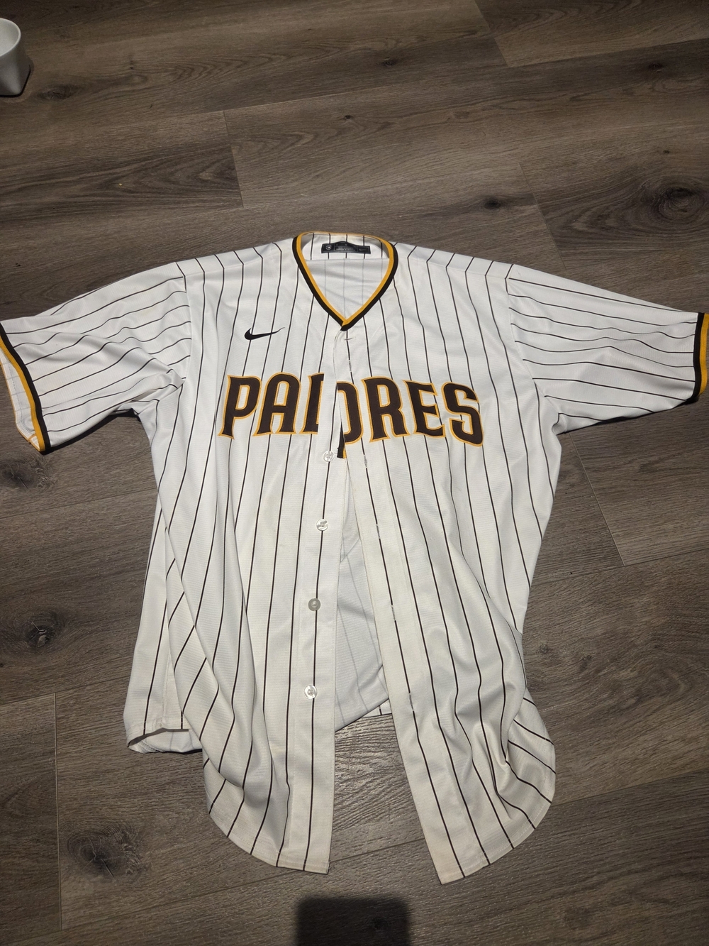 Nike White Padres Pinstripe Baseball Jersey with Brown and Gold Accents